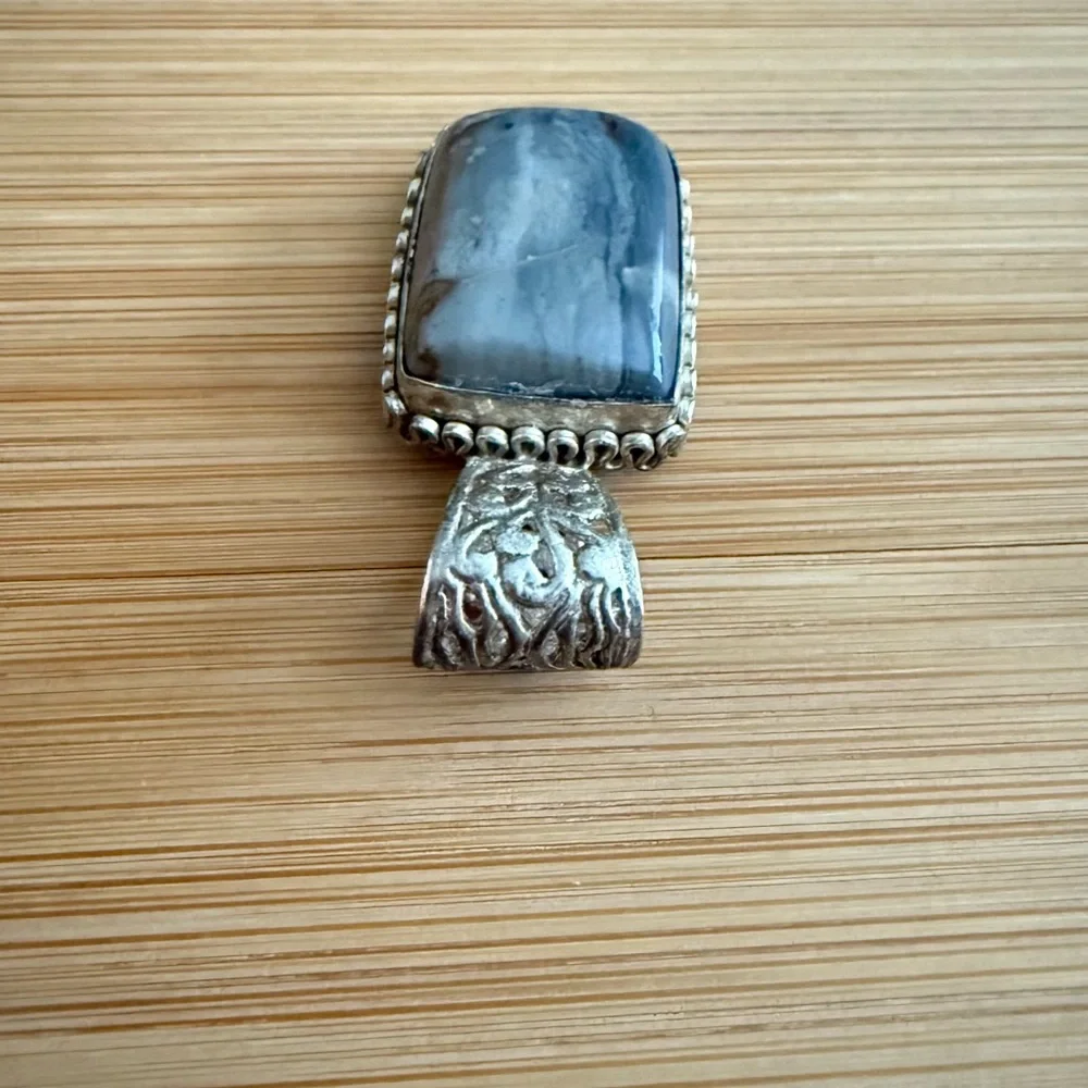 Sterling Silver Blue Agate Natural Stone Necklace Pendant - Picture 8 of 12
